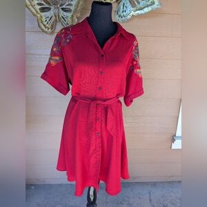 Thin More Red Button-Up Embroidered Dress